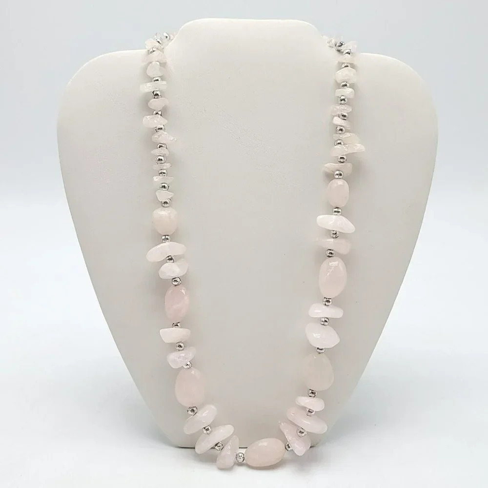 Pink Polished Rose Quartz Stone Silver Tone Graduated Beaded Necklace